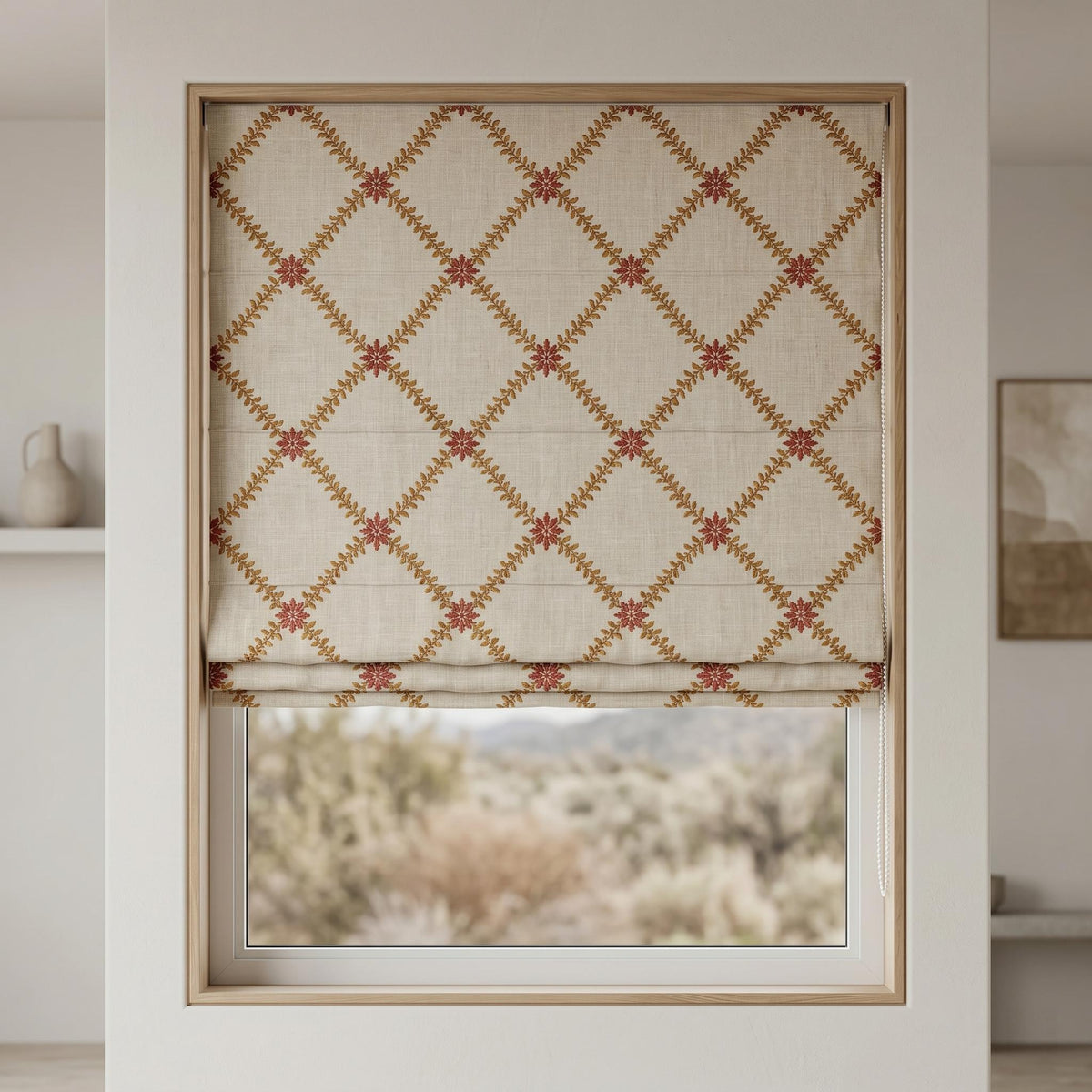 Natural Oatmeal Linen Roman Shade, Mustard Gold Fern Vine Embroidered Blind, Custom Corded Blackout Cotton Lined — image 10