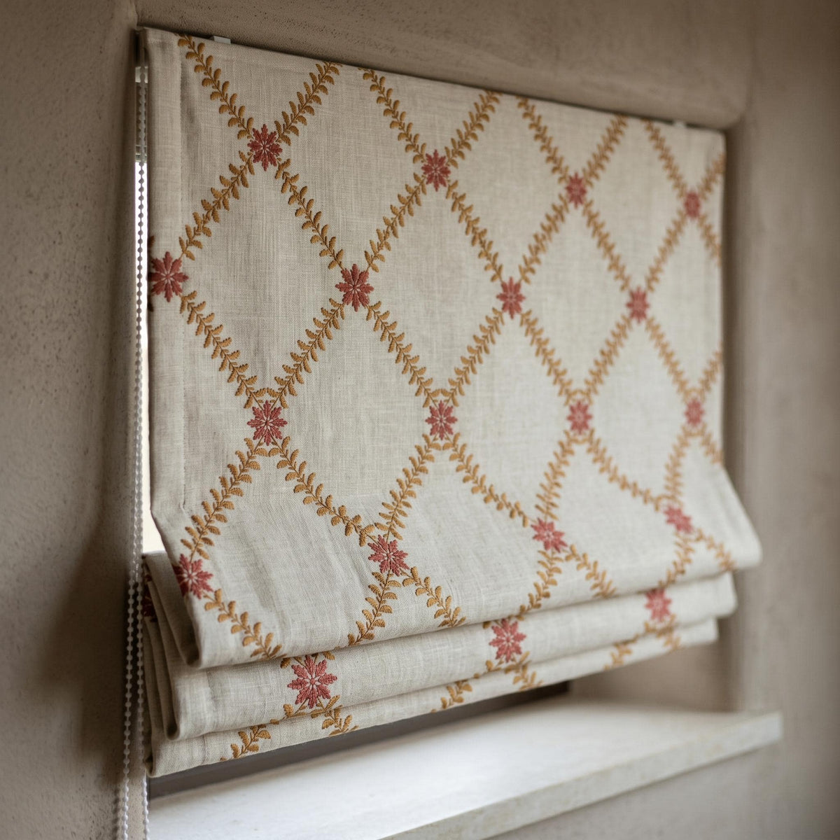 Natural Oatmeal Linen Roman Shade, Mustard Gold Fern Vine Embroidered Blind, Custom Corded Blackout Cotton Lined — image 2