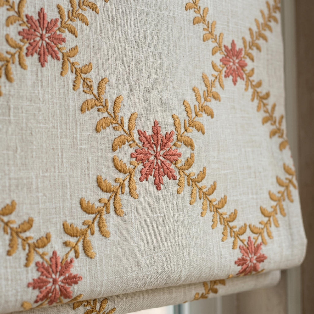 Natural Oatmeal Linen Roman Shade, Mustard Gold Fern Vine Embroidered Blind, Custom Corded Blackout Cotton Lined — image 1