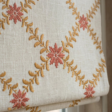 Natural Oatmeal Linen Roman Shade, Mustard Gold Fern Vine Embroidered Blind, Custom Corded Blackout Cotton Lined — image 1