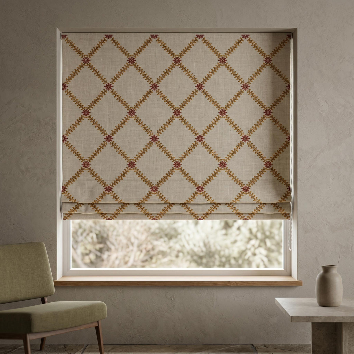 Natural Oatmeal Linen Roman Shade, Mustard Gold Fern Vine Embroidered Blind, Custom Corded Blackout Cotton Lined — image 6