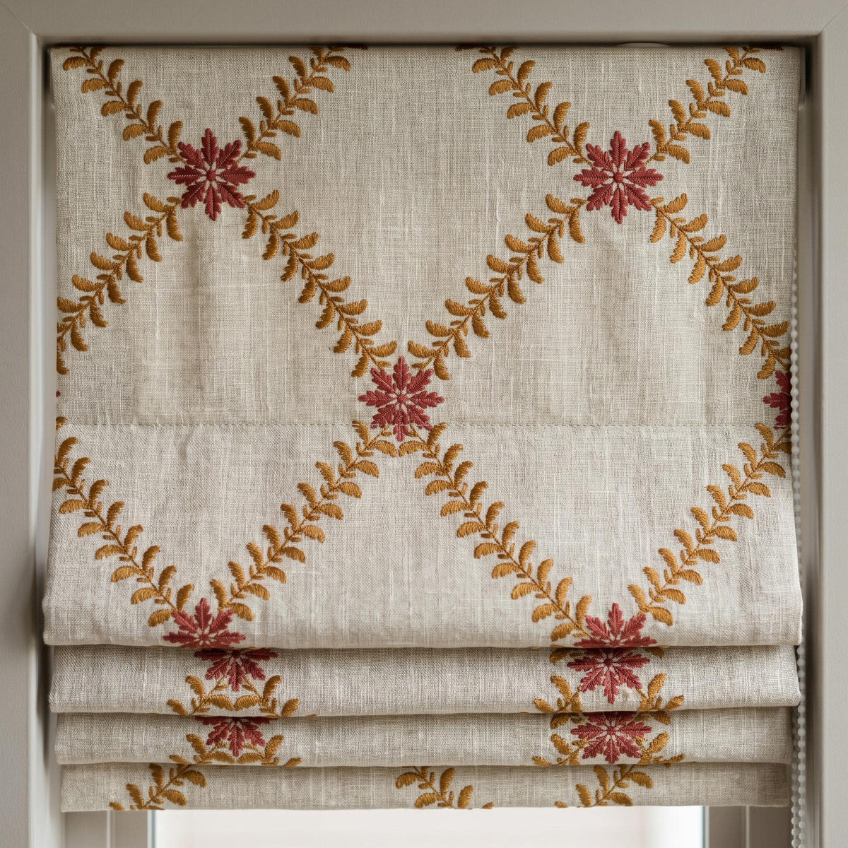Natural Oatmeal Linen Roman Shade, Mustard Gold Fern Vine Embroidered Blind, Custom Corded Blackout Cotton Lined — image 7