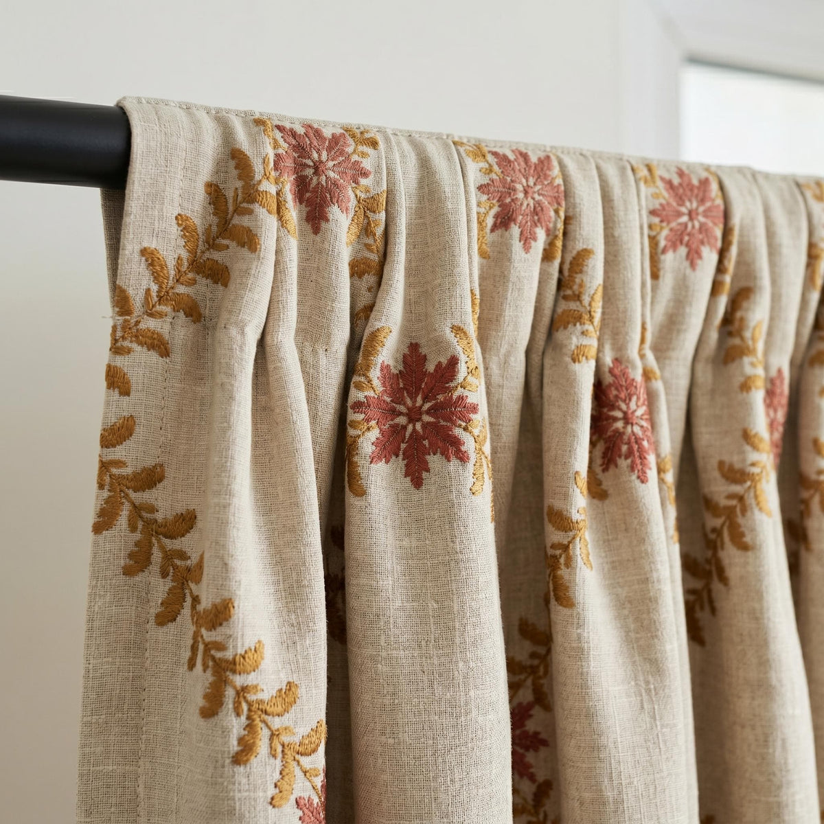 Natural Oatmeal Linen Curtains, Mustard Leaf Vine Embroidered Drapes, Terracotta Floral Blackout or Cotton Lined Panels — image 6