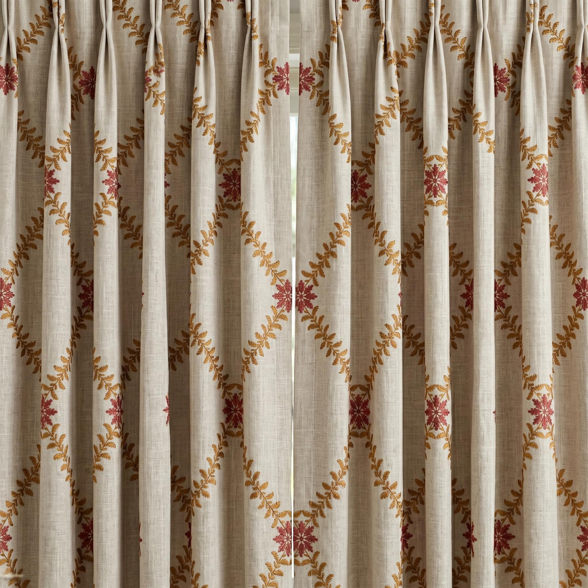 Natural Oatmeal Linen Curtains, Mustard Leaf Vine Embroidered Drapes, Terracotta Floral Blackout or Cotton Lined Panels — image 3