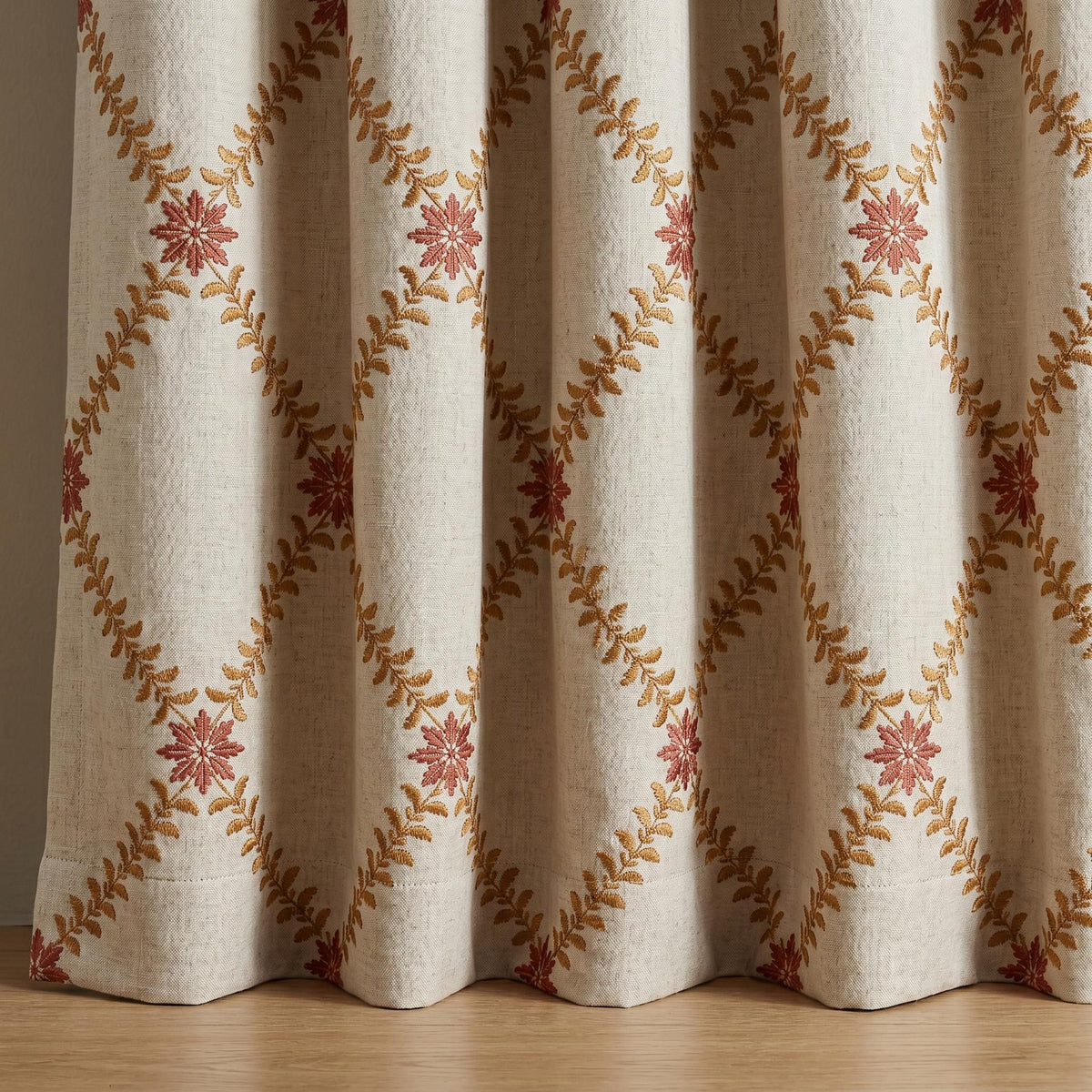 Natural Oatmeal Linen Curtains, Mustard Leaf Vine Embroidered Drapes, Terracotta Floral Blackout or Cotton Lined Panels — image 8