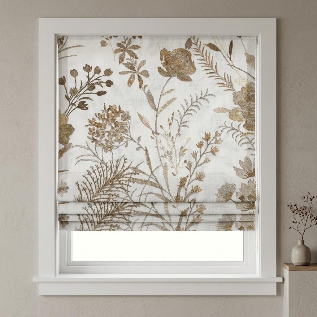 White Linen Roman Shade, Beige Wildflower Embroidered Blind, Custom Corded Botanical Blackout or Cotton Lined — image 8