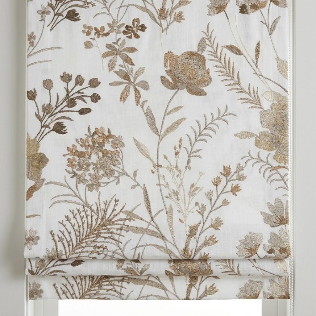 White Linen Roman Shade, Beige Wildflower Embroidered Blind, Custom Corded Botanical Blackout or Cotton Lined — image 5