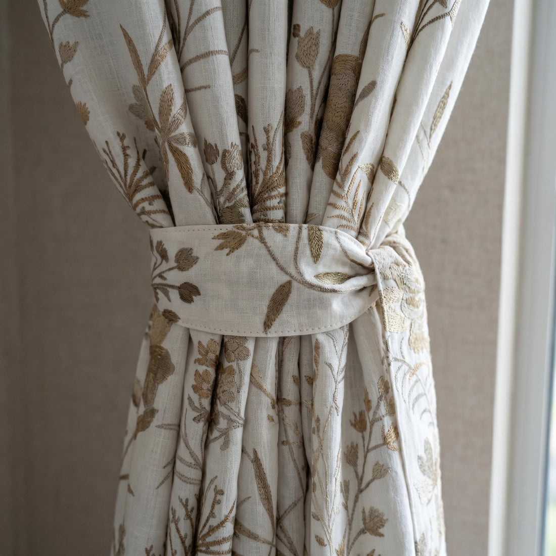 White Linen Curtains, Beige Botanical Wildflower Embroidered Drapes, Blackout or Cotton Lined Custom Panels — image 1