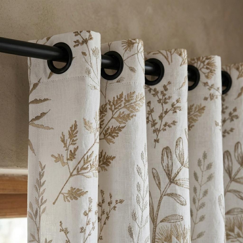 White Linen Curtains, Beige Botanical Wildflower Embroidered Drapes, Blackout or Cotton Lined Custom Panels — image 5