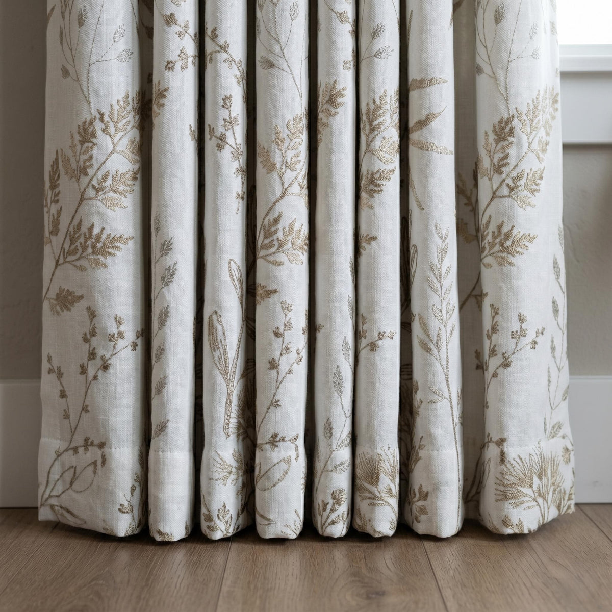 White Linen Curtains, Beige Botanical Wildflower Embroidered Drapes, Blackout or Cotton Lined Custom Panels — image 7