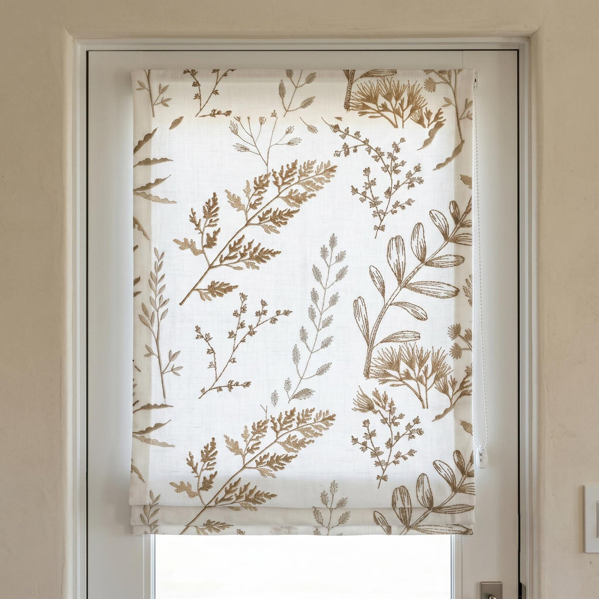 White Linen Roman Shade, Neutral Beige Wildflower Embroidered Blind, Custom Corded Blackout or Cotton Lined — image 7