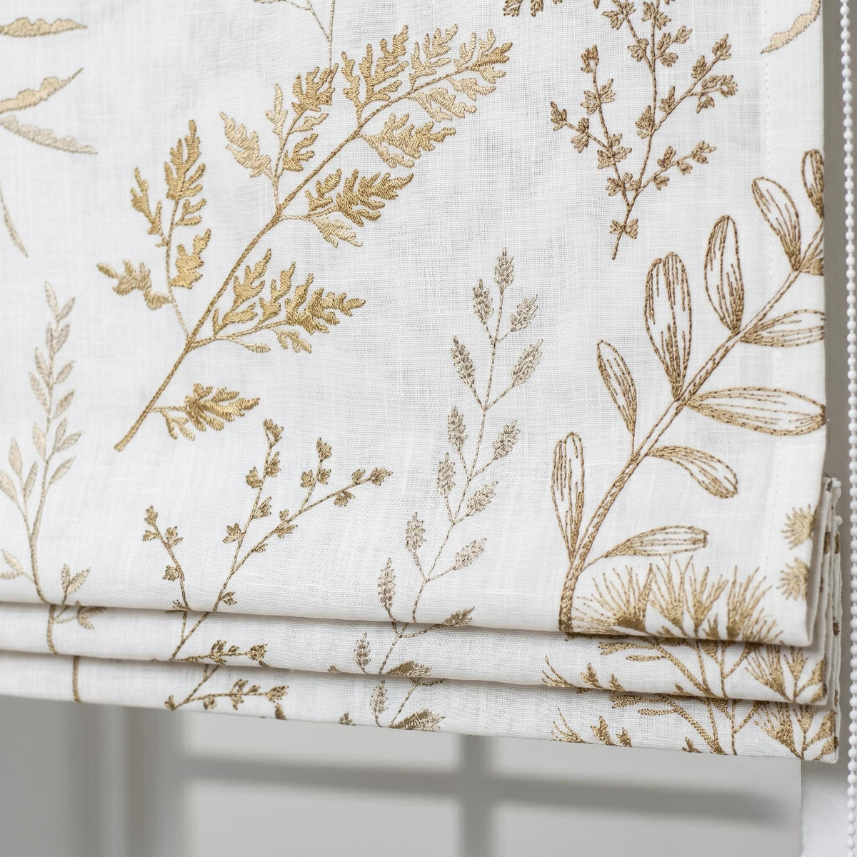White Linen Roman Shade, Neutral Beige Wildflower Embroidered Blind, Custom Corded Blackout or Cotton Lined — image 9