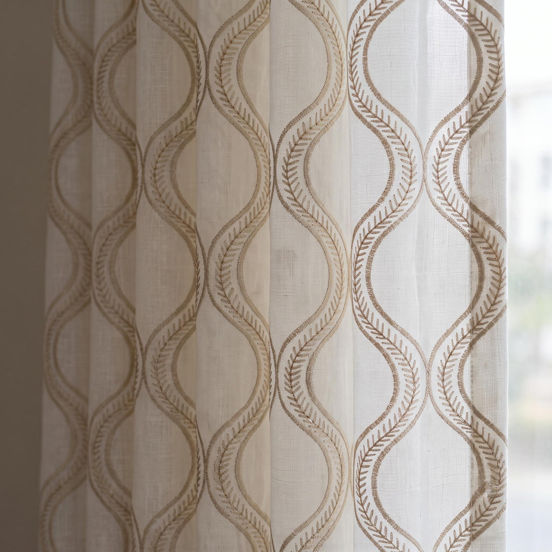Off White Pure Linen Sheer Curtains with Beige Ogee Trellis Embroidery, Custom Geometric Window Panels, Single or Pair — image 1