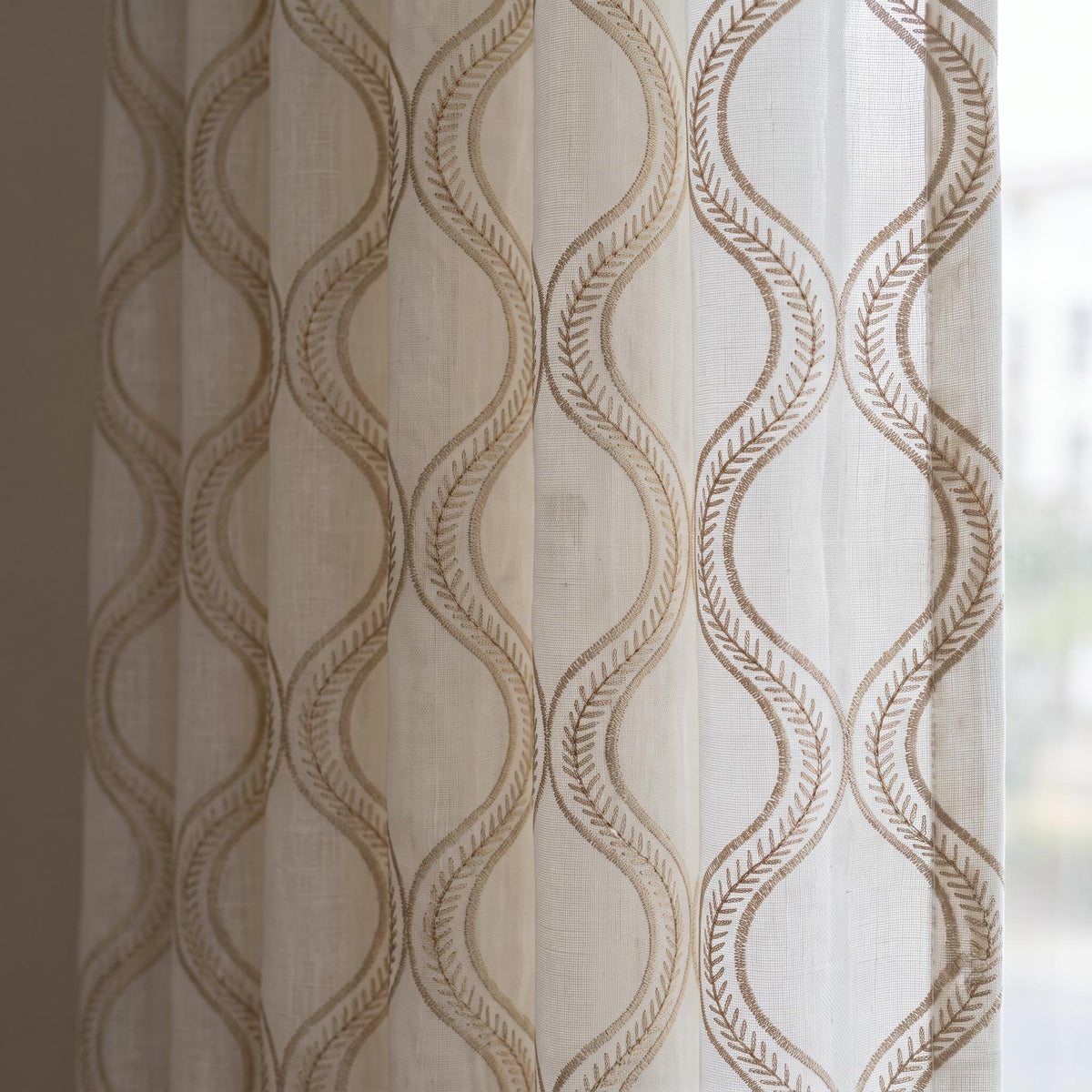 Off White Pure Linen Sheer Curtains with Beige Ogee Trellis Embroidery, Custom Geometric Window Panels, Single or Pair — image 2