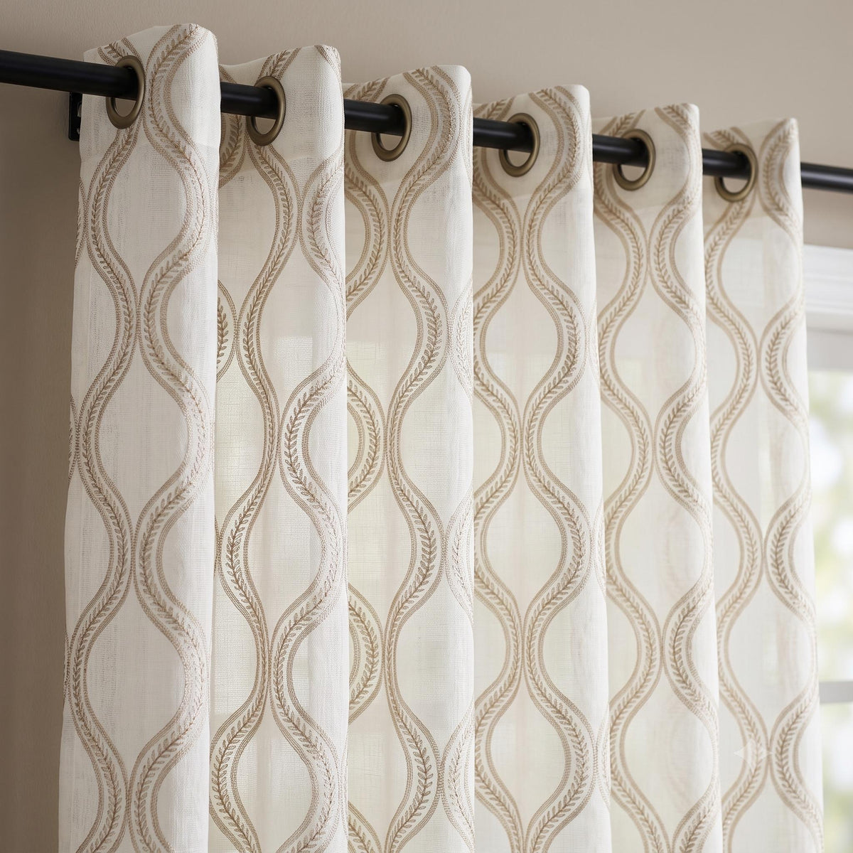 Off White Pure Linen Sheer Curtains with Beige Ogee Trellis Embroidery, Custom Geometric Window Panels, Single or Pair — image 8