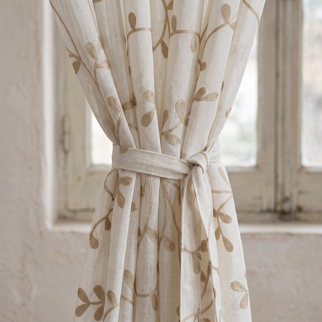 Off White Pure Linen Sheer Curtains with Beige Embroidered Leaf Vine, Custom Botanical Drapes, Single or Pair — image 1
