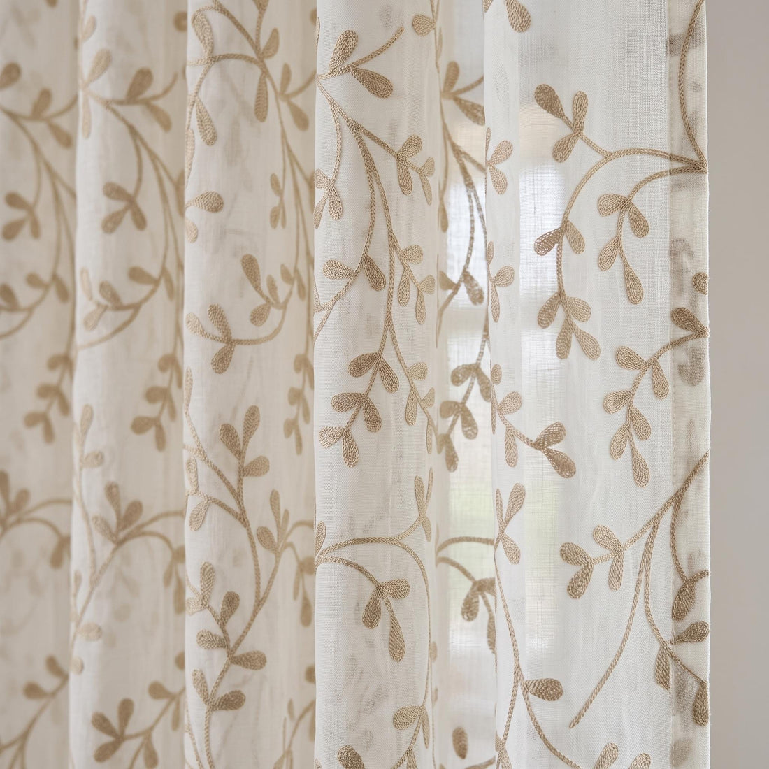 Off White Pure Linen Sheer Curtains with Beige Embroidered Leaf Vine, Custom Botanical Drapes, Single or Pair — image 1
