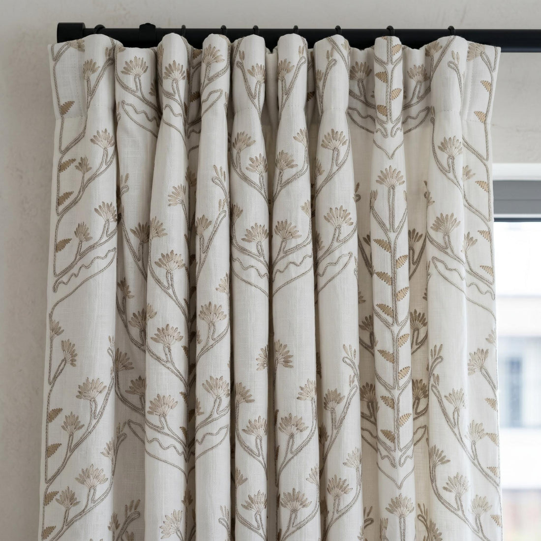 Heavy White Pure Linen Embroidered Curtains, Beige Botanical Floral Drapes, Custom Blackout or Cotton Lined Panels — image 1