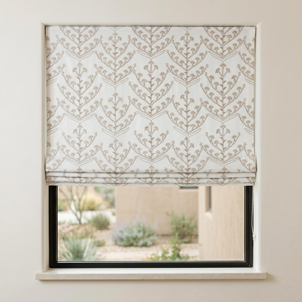 White Linen Roman Shade, Beige Taupe Embroidered Tree of Life Blind, Custom Corded Window Shade, Blackout or Cotton Lined — image 5
