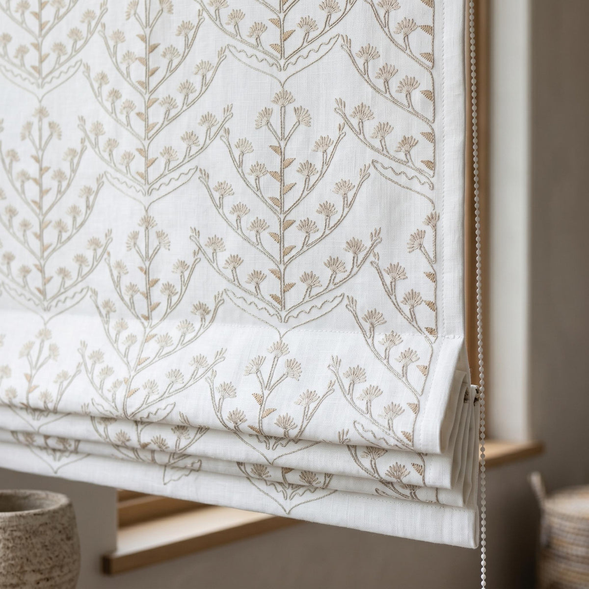 White Linen Roman Shade, Beige Taupe Embroidered Tree of Life Blind, Custom Corded Window Shade, Blackout or Cotton Lined — image 6