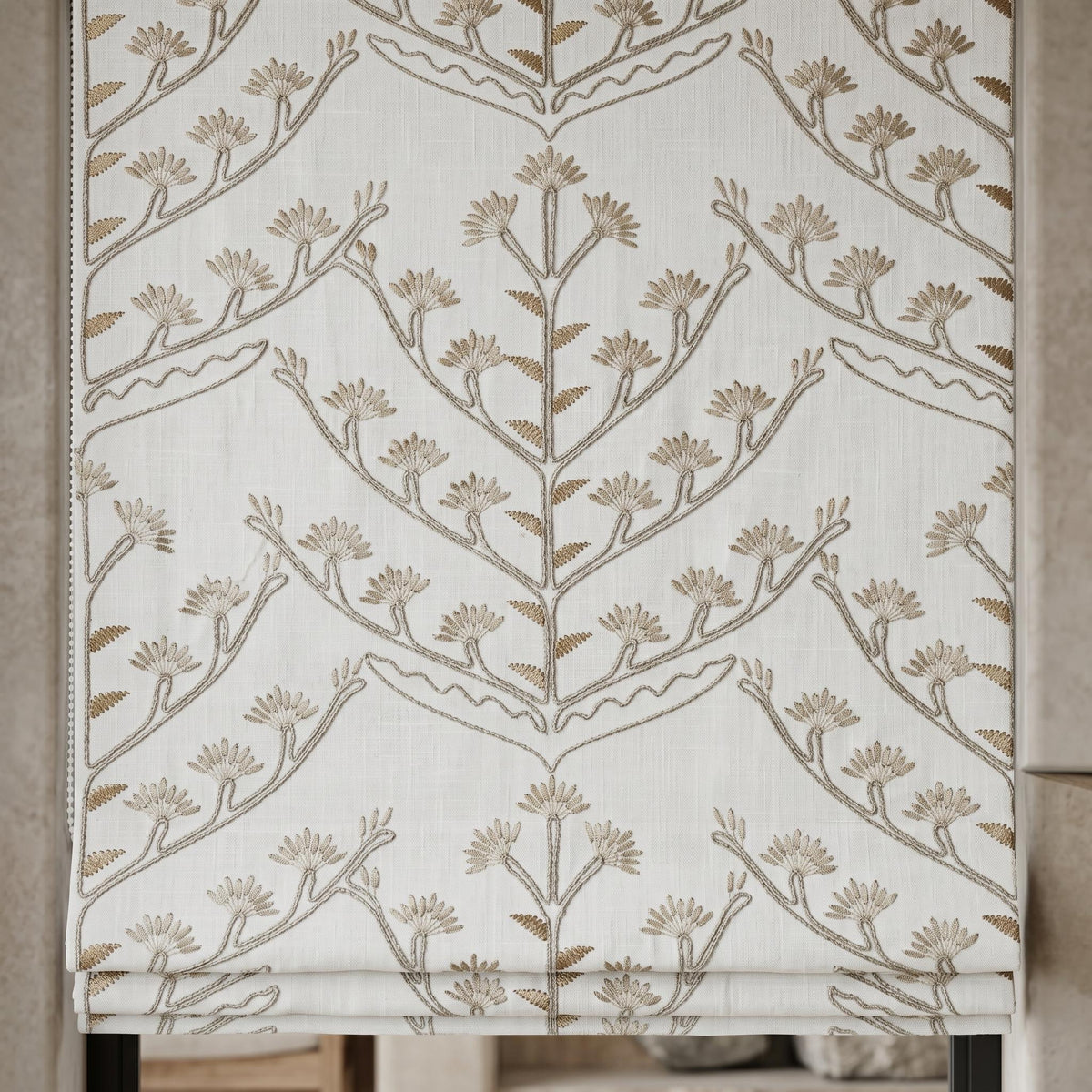 White Linen Roman Shade, Beige Taupe Embroidered Tree of Life Blind, Custom Corded Window Shade, Blackout or Cotton Lined — image 8