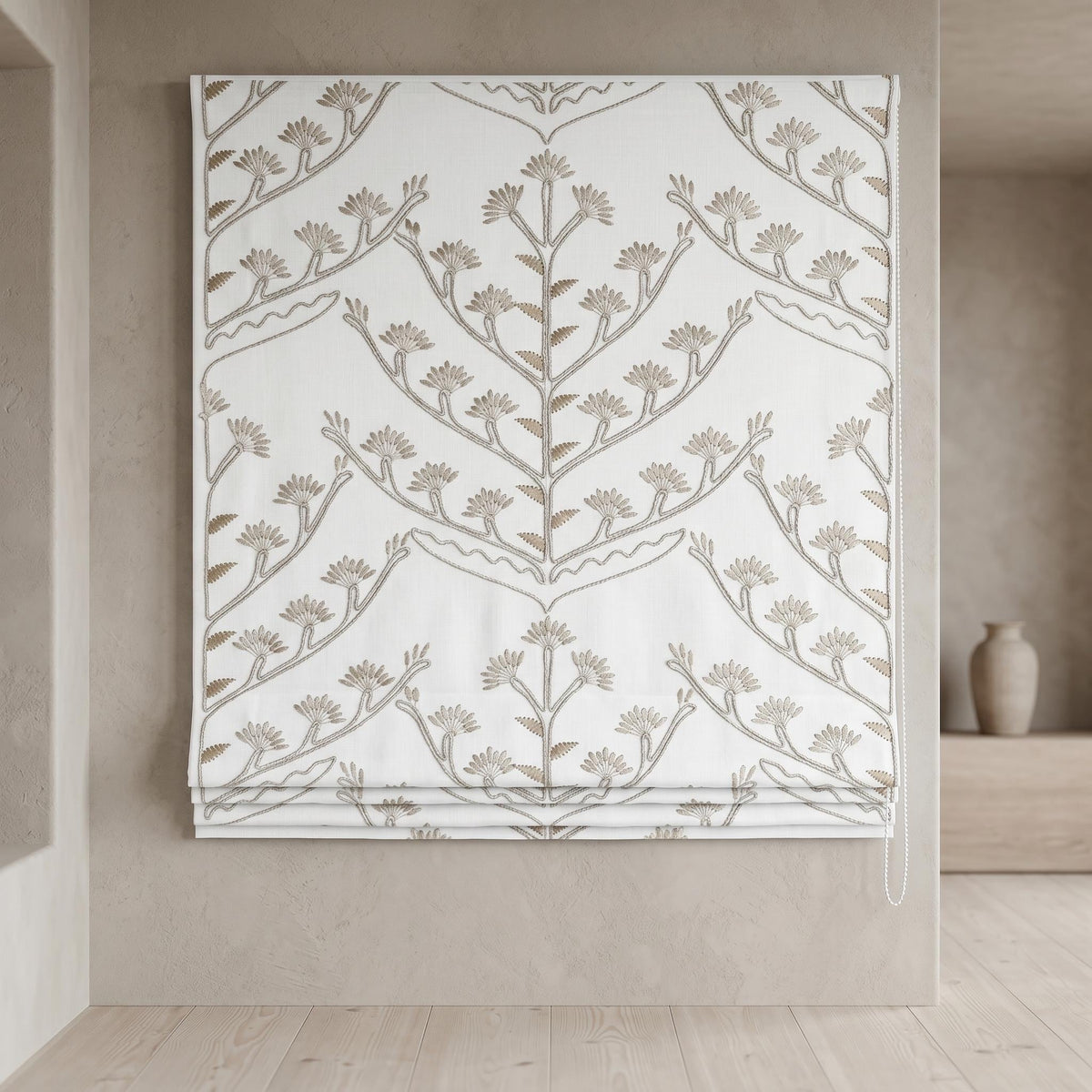 White Linen Roman Shade, Beige Taupe Embroidered Tree of Life Blind, Custom Corded Window Shade, Blackout or Cotton Lined — image 10