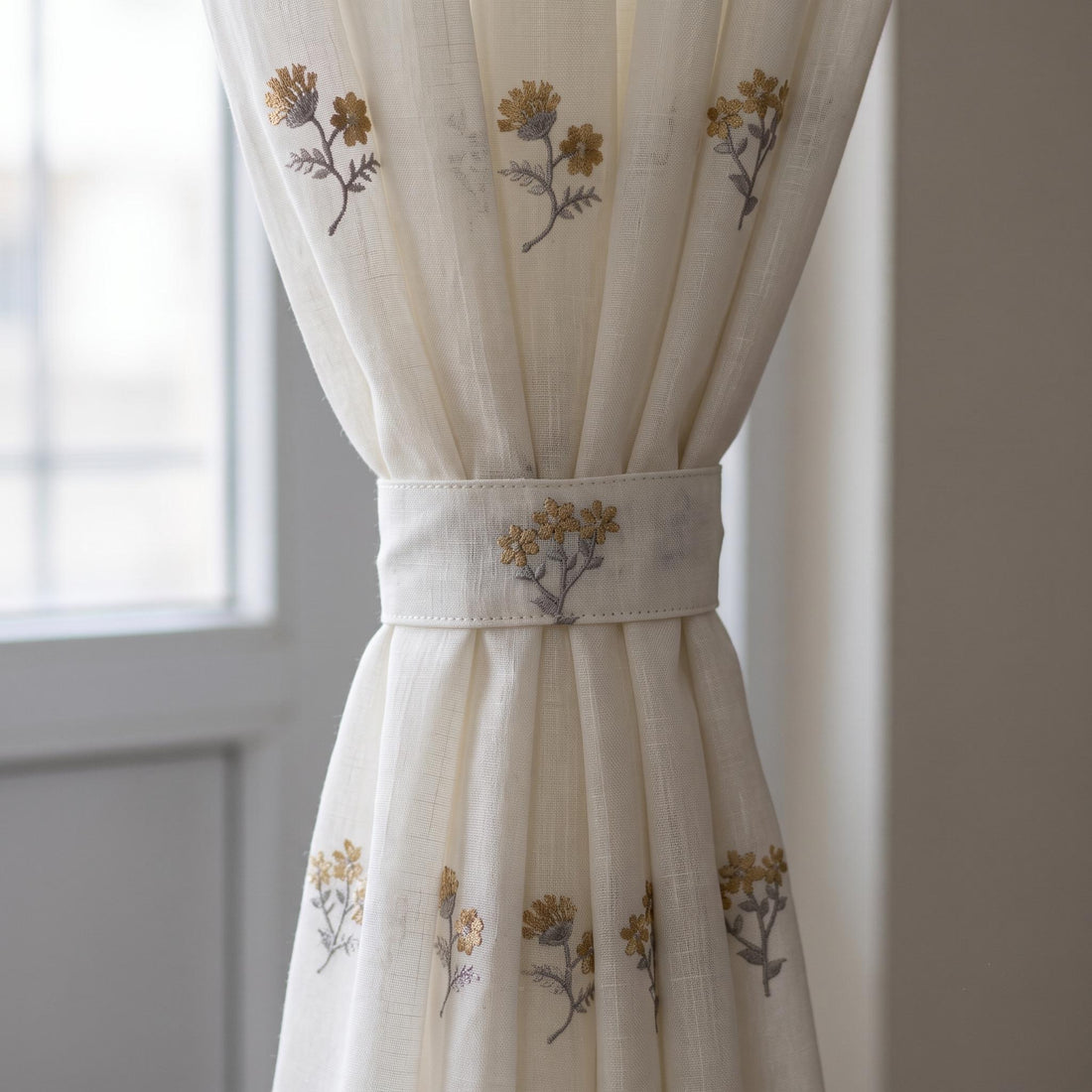 Off White Pure Linen Sheer Curtains with Mustard Wildflower Embroidery, Custom Floral Drapes, Single or Pair — image 1