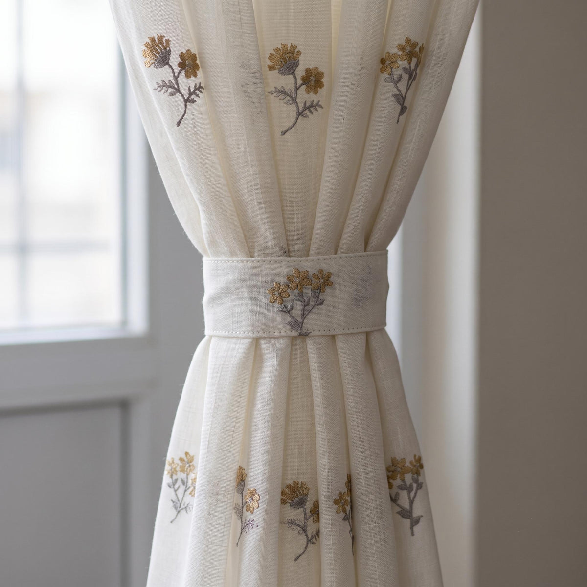 Off White Pure Linen Sheer Curtains with Mustard Wildflower Embroidery, Custom Floral Drapes, Single or Pair — image 2
