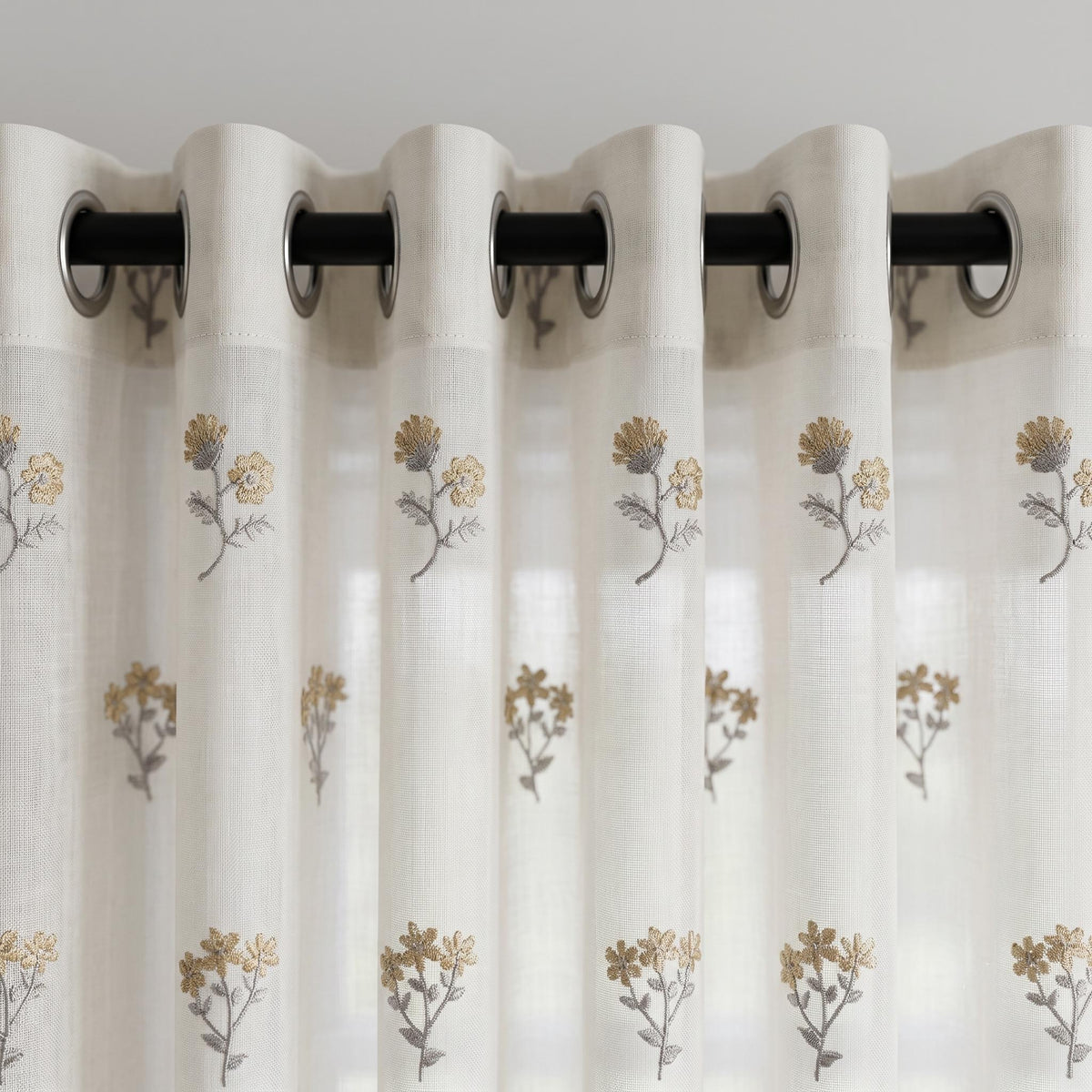 Off White Pure Linen Sheer Curtains with Mustard Wildflower Embroidery, Custom Floral Drapes, Single or Pair — image 9