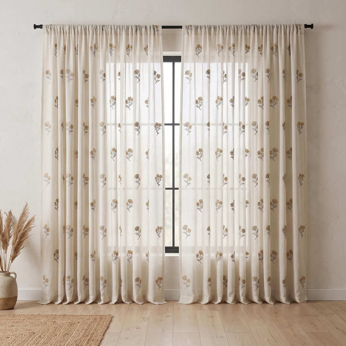 Off White Pure Linen Sheer Curtains with Mustard Wildflower Embroidery, Custom Floral Drapes, Single or Pair — image 7