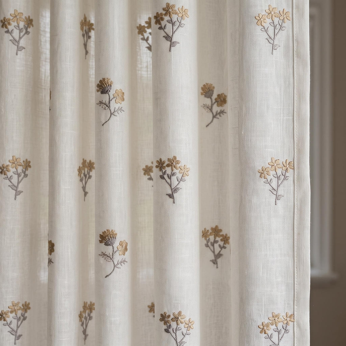 Off White Pure Linen Sheer Curtains with Mustard Wildflower Embroidery, Custom Floral Drapes, Single or Pair — image 1