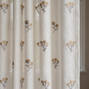 Off White Pure Linen Sheer Curtains with Mustard Wildflower Embroidery, Custom Floral Drapes, Single or Pair — image 1