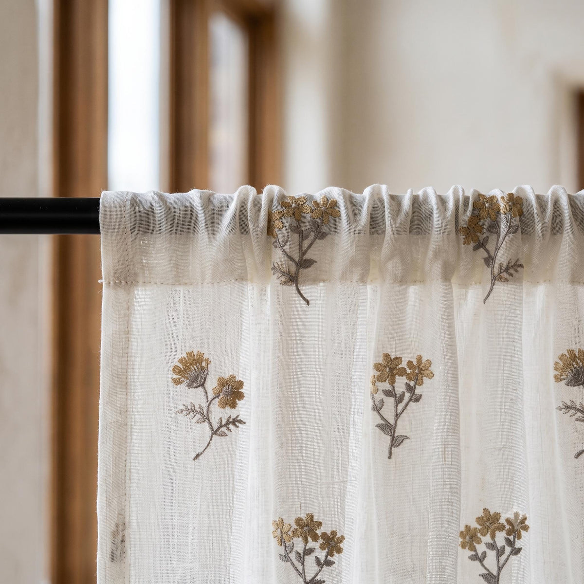 Off White Pure Linen Sheer Curtains with Mustard Wildflower Embroidery, Custom Floral Drapes, Single or Pair — image 8