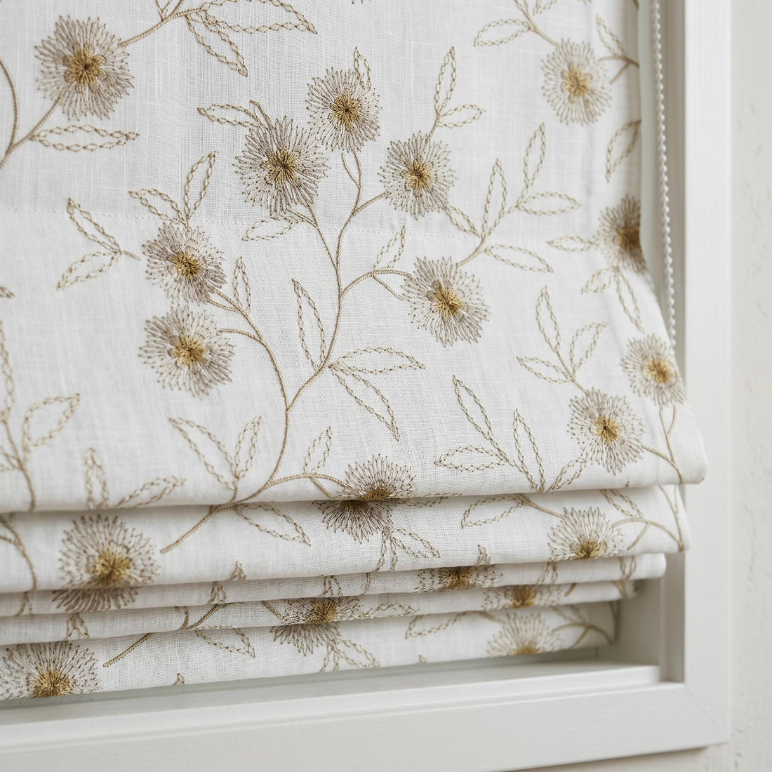 White Linen Roman Shade, Beige Taupe Embroidered Wildflower Blind, Custom Corded Window Shade, Blackout or Cotton Lined — image 1