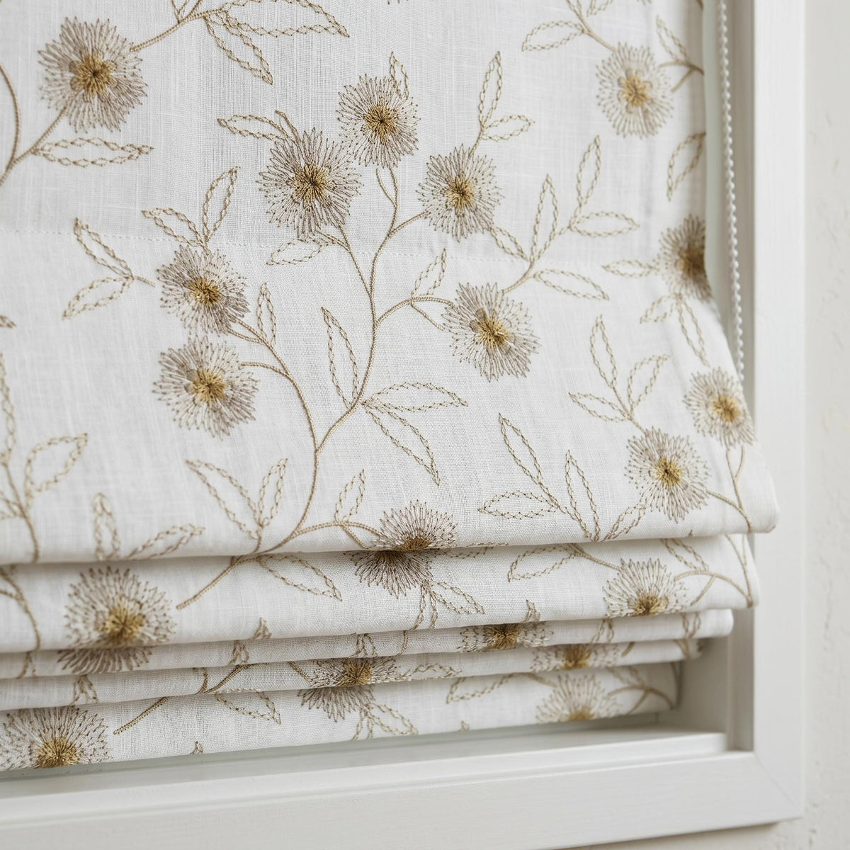 White Linen Roman Shade, Beige Taupe Embroidered Wildflower Blind, Custom Corded Window Shade, Blackout or Cotton Lined — image 2