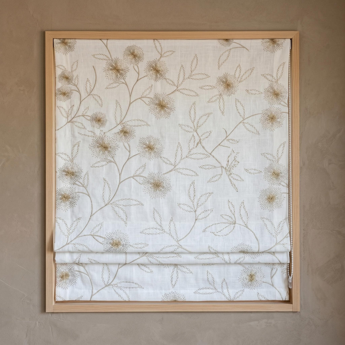 White Linen Roman Shade, Beige Taupe Embroidered Wildflower Blind, Custom Corded Window Shade, Blackout or Cotton Lined — image 9