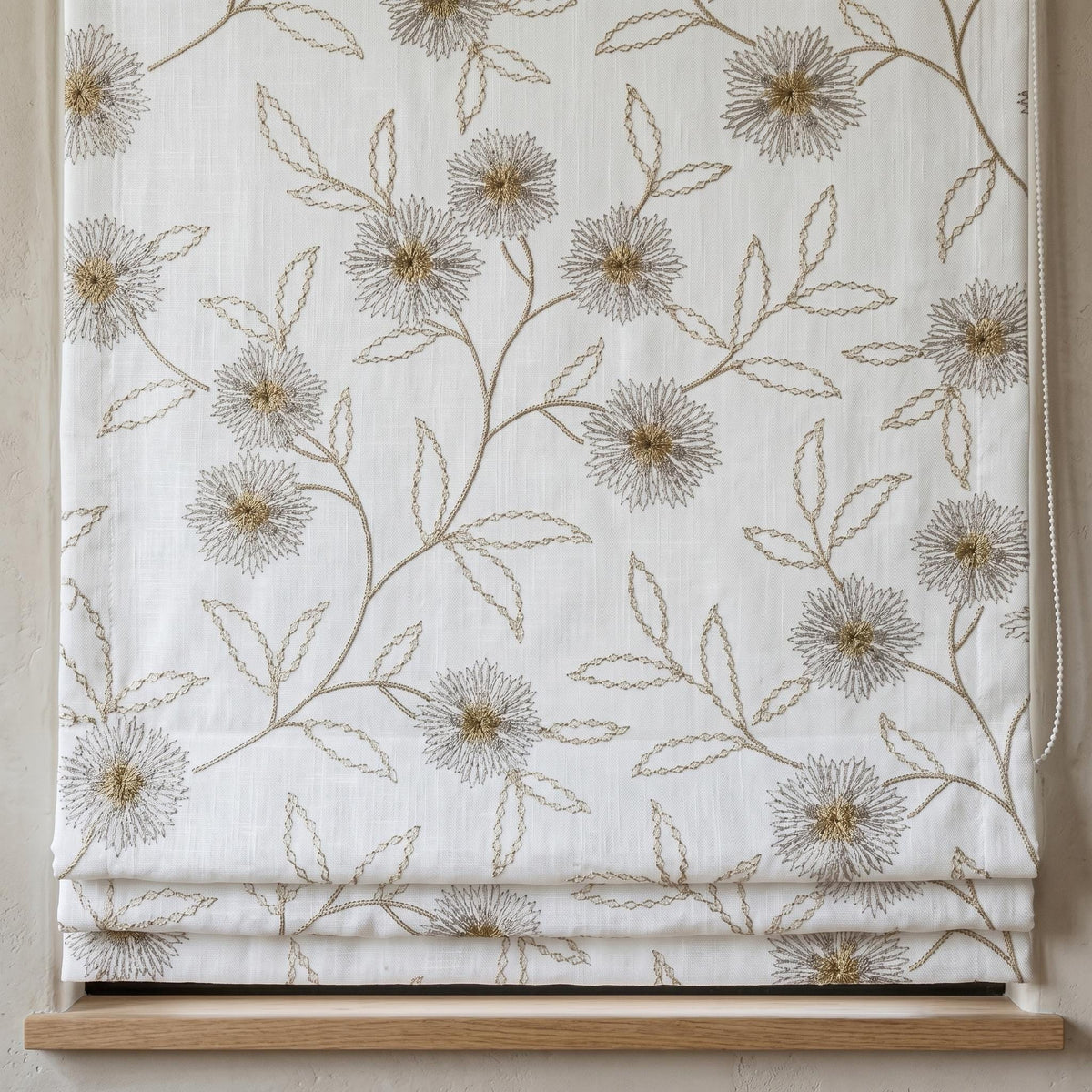 White Linen Roman Shade, Beige Taupe Embroidered Wildflower Blind, Custom Corded Window Shade, Blackout or Cotton Lined — image 8