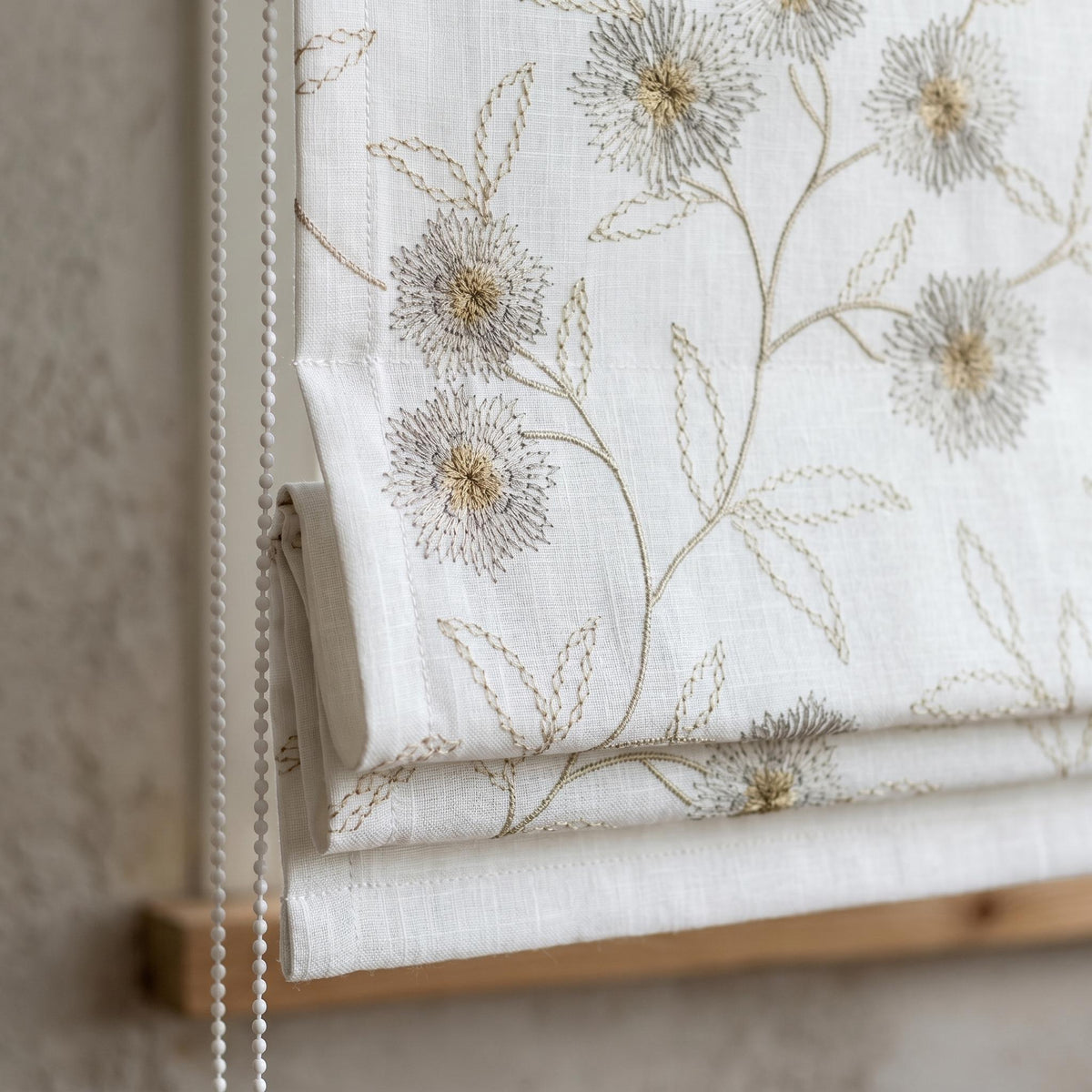White Linen Roman Shade, Beige Taupe Embroidered Wildflower Blind, Custom Corded Window Shade, Blackout or Cotton Lined — image 1