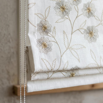 White Linen Roman Shade, Beige Taupe Embroidered Wildflower Blind, Custom Corded Window Shade, Blackout or Cotton Lined — image 1