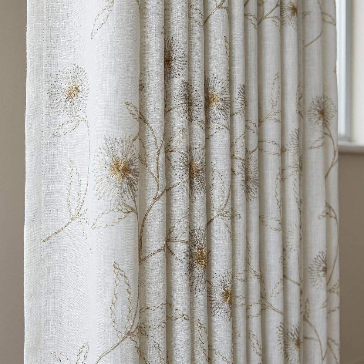 Heavy Pure White Linen Embroidered Curtains, Beige Dandelion Floral Drapes, Custom Blackout or Cotton Lined Panels — image 3