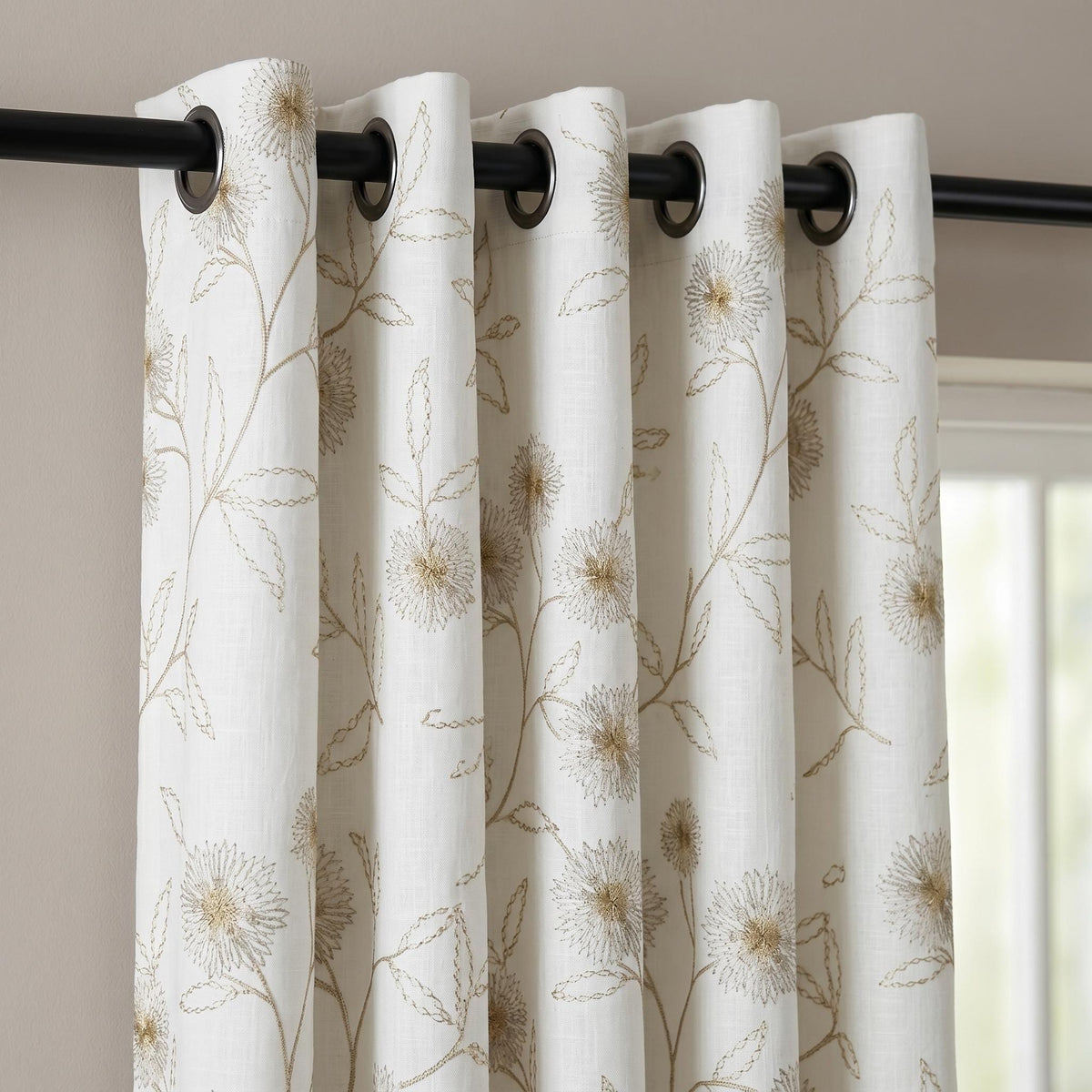 Heavy Pure White Linen Embroidered Curtains, Beige Dandelion Floral Drapes, Custom Blackout or Cotton Lined Panels — image 9