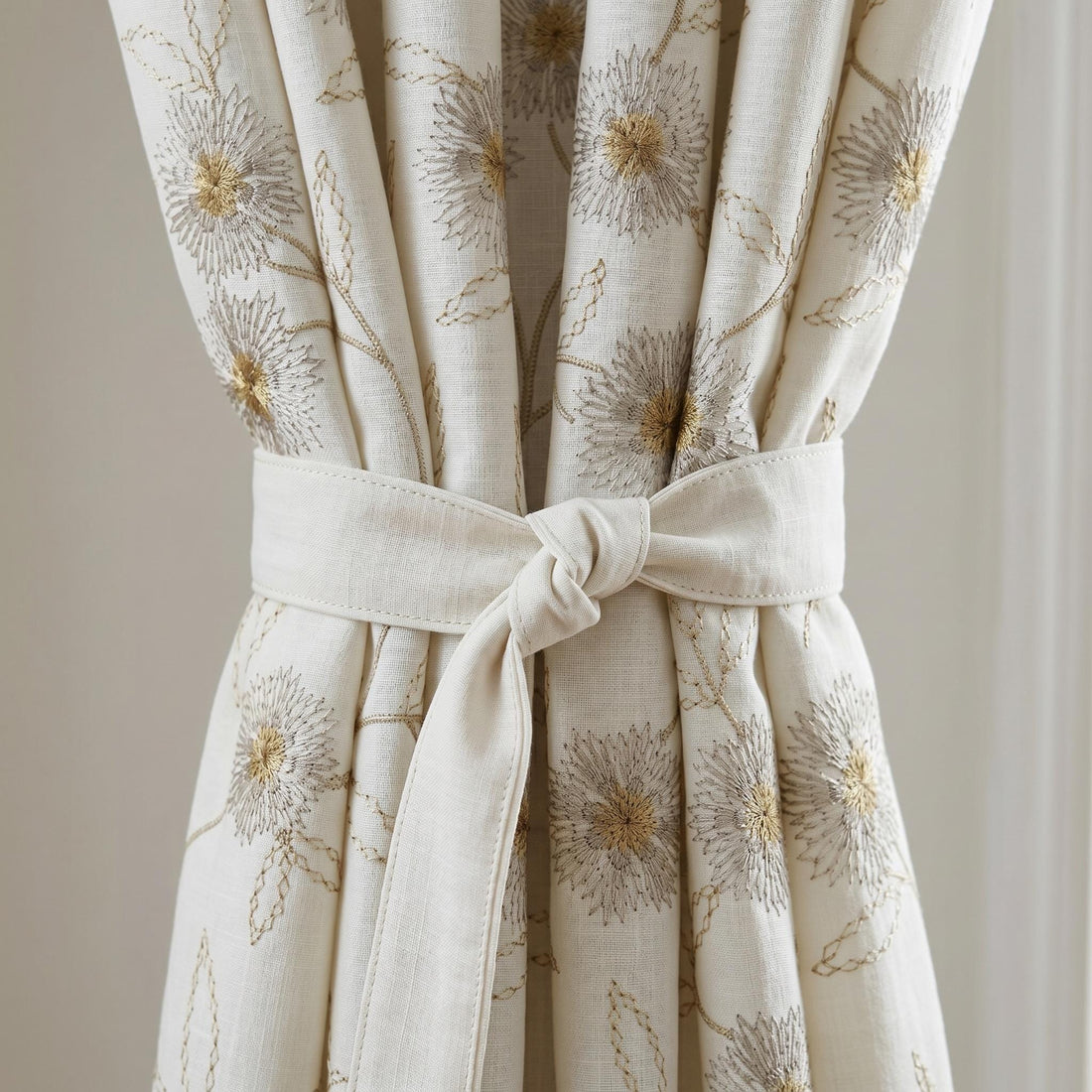 Heavy Pure White Linen Embroidered Curtains, Beige Dandelion Floral Drapes, Custom Blackout or Cotton Lined Panels — image 1