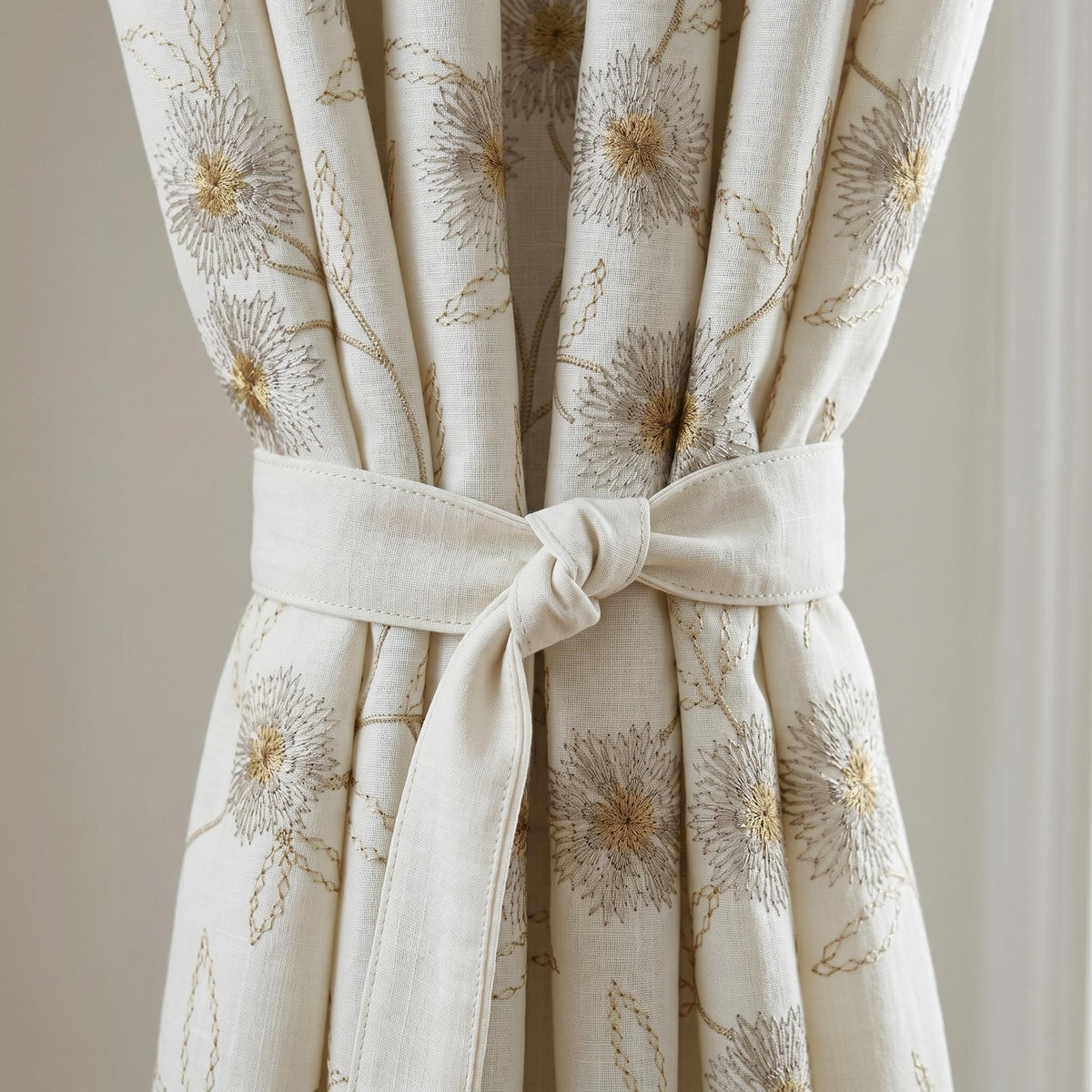 Heavy Pure White Linen Embroidered Curtains, Beige Dandelion Floral Drapes, Custom Blackout or Cotton Lined Panels — image 2