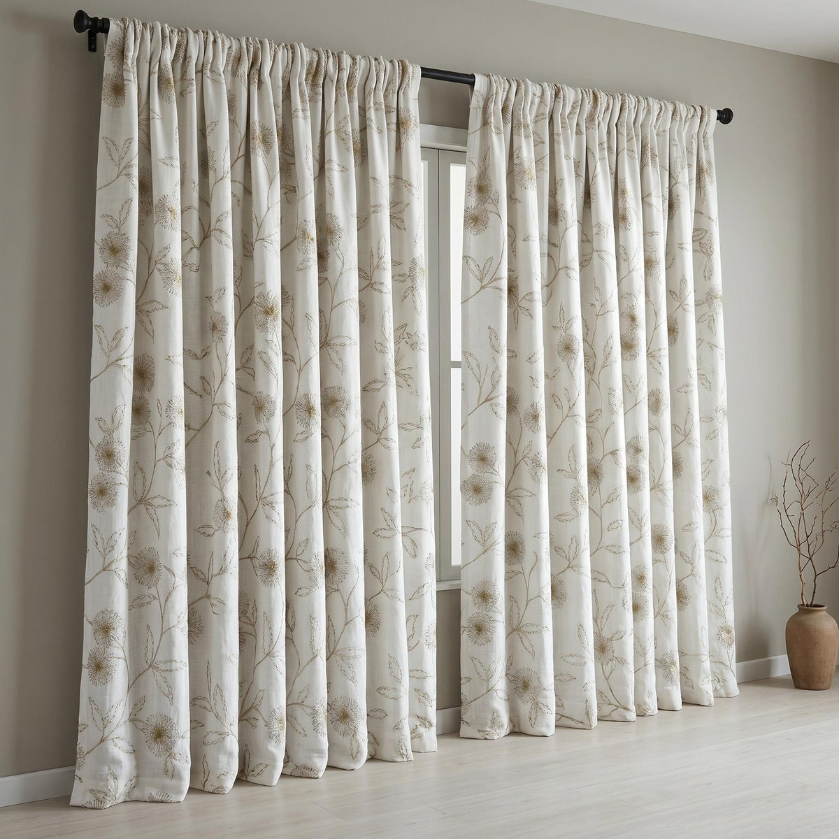 Heavy Pure White Linen Embroidered Curtains, Beige Dandelion Floral Drapes, Custom Blackout or Cotton Lined Panels — image 6