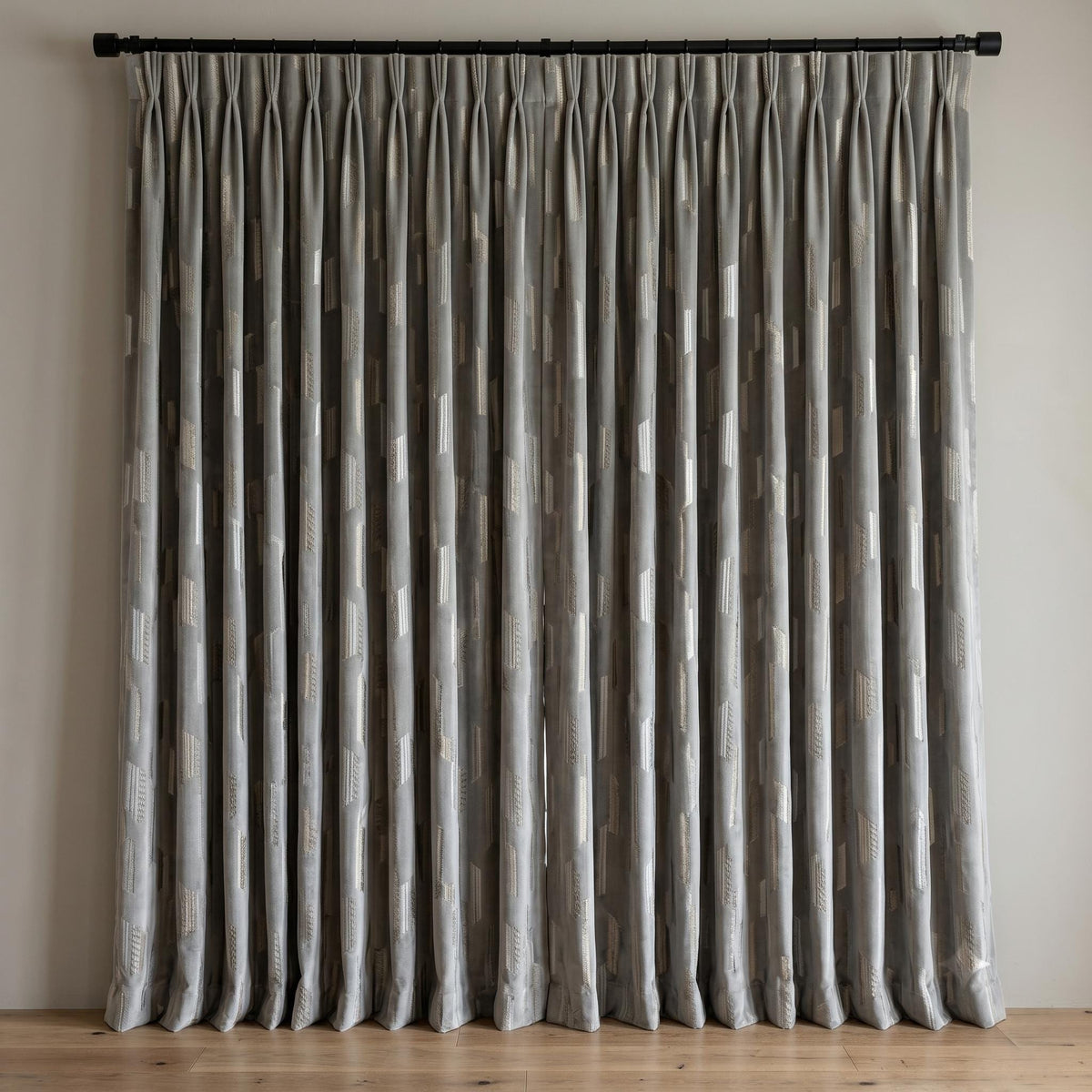 Dusty Grey Matte Velvet Embroidered Curtains, Geometric Beige Ivory Drapes, Custom Blackout or Cotton Lined — image 10
