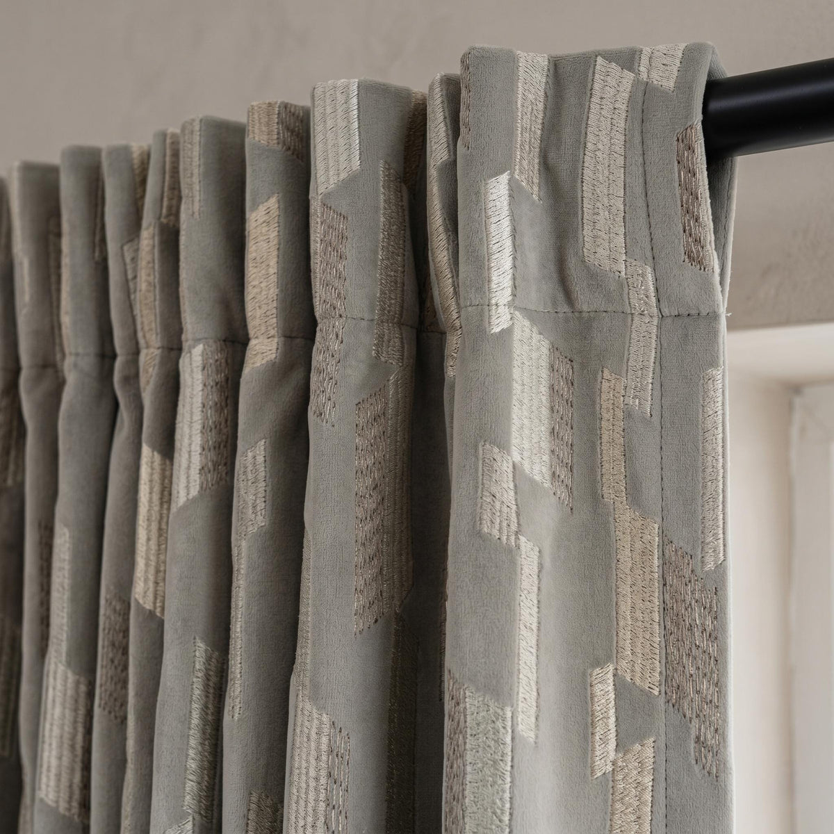 Dusty Grey Matte Velvet Embroidered Curtains, Geometric Beige Ivory Drapes, Custom Blackout or Cotton Lined — image 3