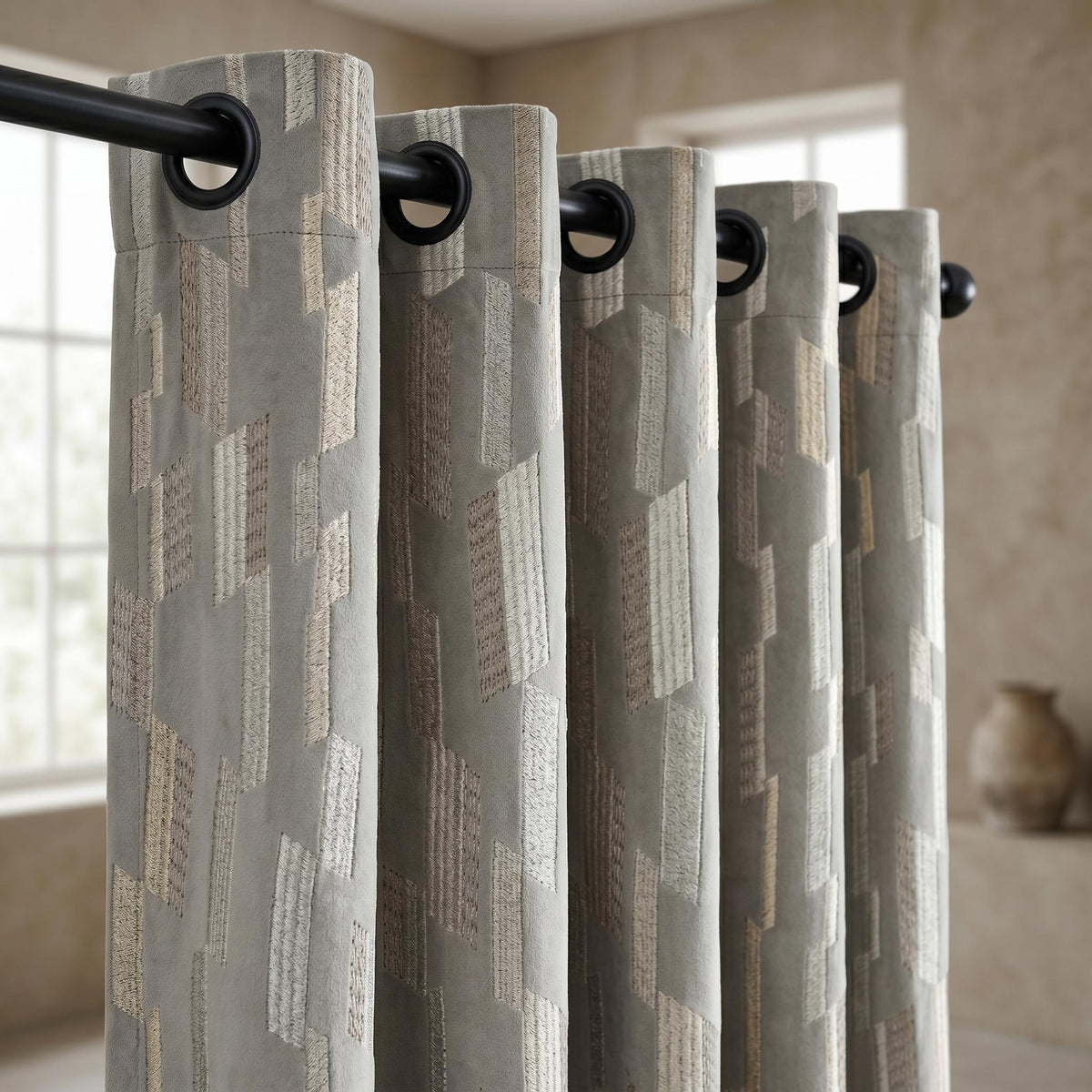 Dusty Grey Matte Velvet Embroidered Curtains, Geometric Beige Ivory Drapes, Custom Blackout or Cotton Lined — image 6