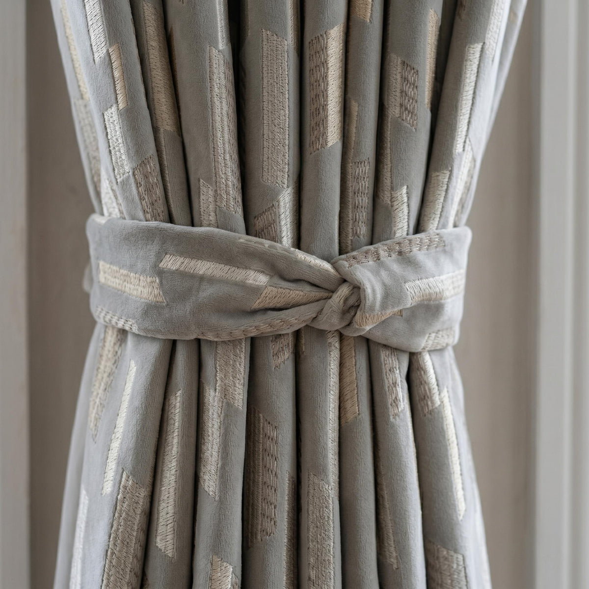 Dusty Grey Matte Velvet Embroidered Curtains, Geometric Beige Ivory Drapes, Custom Blackout or Cotton Lined — image 2