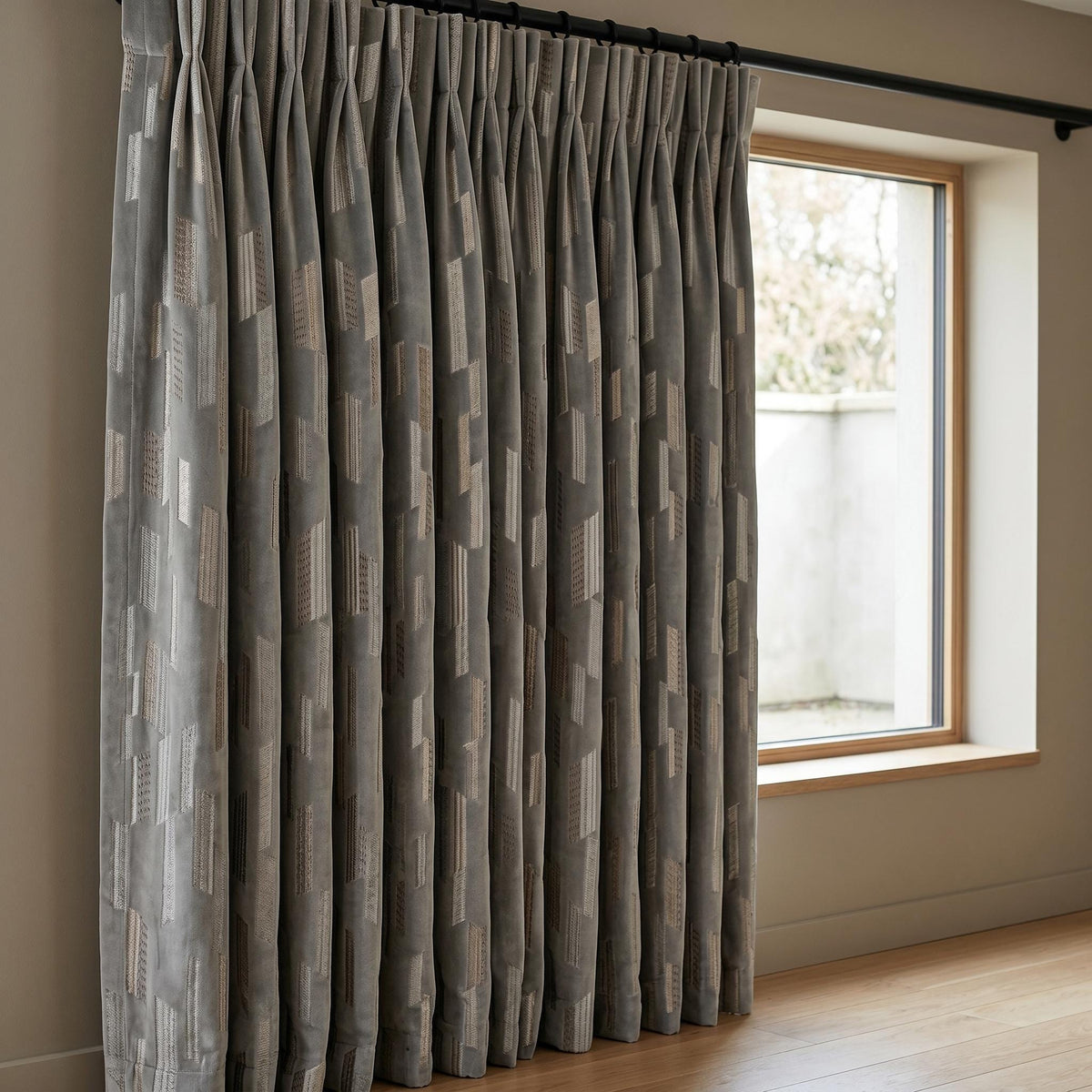 Dusty Grey Matte Velvet Embroidered Curtains, Geometric Beige Ivory Drapes, Custom Blackout or Cotton Lined — image 4