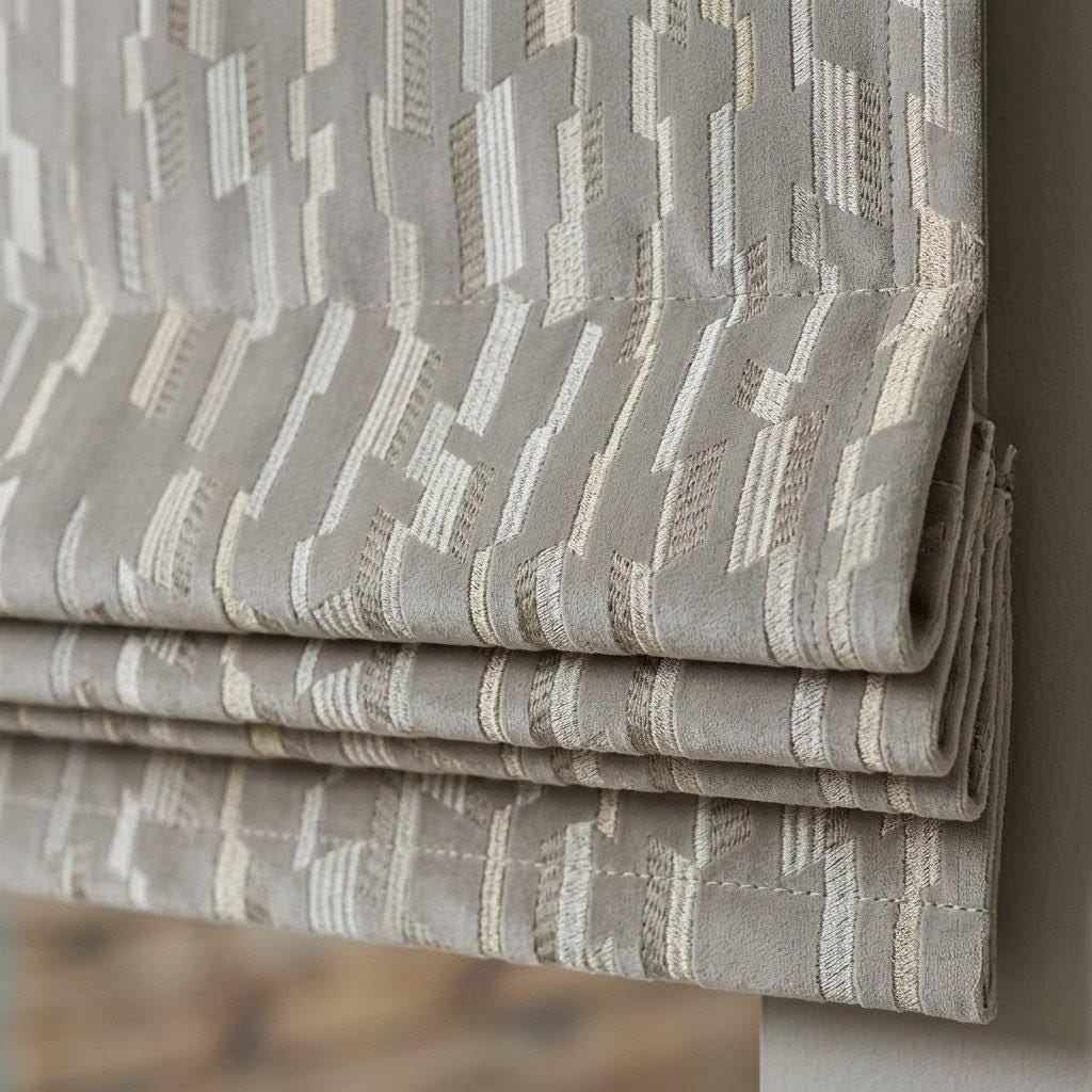 Dusty Grey Velvet Roman Shade, Ivory Beige Geometric Embroidered Blind, Custom Corded Window Shade, Blackout or Cotton Lined — image 1